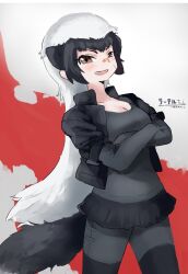 Rule 34 | 1girl, animal ears, badger ears, badger tail, bandaid, bandaid on face, bandaid on nose, black hair, breasts, brown eyes, cleavage, cowboy shot, crossed arms, elbow gloves, extra ears, facial scar, fangs, gloves, inu (user arjr4358), kemono friends, long hair, medium breasts, microskirt, multicolored hair, open clothes, open shirt, parted lips, ratel (kemono friends), scar, scar on cheek, scar on face, shirt under shirt, shorts, shorts under skirt, skirt, smile, solo, tail, two-tone hair, very long hair, white hair