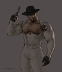 Rule 34 | 1boy, alcina dimitrescu, alcina dimitrescu (cosplay), alternate costume, bara, bare pectorals, beard, biceps, black flower, brown hair, chest hair, chris redfield, cosplay, cowboy shot, dog tags, facial hair, flower, formal, gun, hat, holding, holding gun, holding weapon, jacket, large pectorals, looking to the side, male focus, mature male, muscular, muscular male, nipples, open clothes, open jacket, pants, pectorals, resident evil, resident evil 5, rose, short hair, solo, suit, theo (theobromicart), thick thighs, thighs, weapon, white pants, white suit
