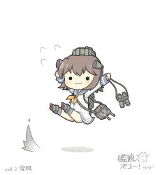 Rule 34 | 10s, 1girl, :3, arms up, bad id, bad pixiv id, bag, binoculars, brown hair, chibi, dress, flying sweatdrops, headgear, highres, kantai collection, legs up, sailor dress, shadow, simple background, solo, turret, white background, yuasan, yukikaze (kancolle)