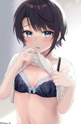 Rule 34 | 1girl, absurdres, bare shoulders, black bra, black hair, blue bow, blue eyes, blush, bow, bow bra, bra, breasts, cleavage, clothes lift, highres, hololive, lifting own clothes, looking at viewer, navel, off shoulder, oozora subaru, open mouth, revision, shirt, shirt lift, short hair, short sleeves, single bare shoulder, small breasts, solo, stomach, tihirowo, underwear, upper body, virtual youtuber, white shirt