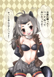 Rule 34 | 10s, 1girl, :d, american beaver (kemono friends), animal ears, antenna hair, arms behind back, bare shoulders, beaver ears, beaver tail, bike shorts, bike shorts under shorts, black bra, blush, bra, breast pocket, breasts, brown eyes, buttons, chiki yuuko, collarbone, elbow gloves, flying sweatdrops, fur collar, gloves, grey hair, hair ornament, head tilt, highres, kemono friends, looking at viewer, medium breasts, navel, no shirt, off shoulder, open clothes, open fly, open mouth, open vest, pocket, short hair, shorts, smile, solo, standing, stomach, tail, translation request, unbuttoned, underwear, upper body, vest