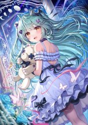 Rule 34 | 1girl, ahoge, akabane (zebrasmise), bare shoulders, black bow, black collar, black ribbon, blue flower, blurry, blurry foreground, blush, bow, bug, butterfly, collar, crescent moon, crown, dress, flower, frilled dress, frills, full moon, gibbous moon, green hair, hair bow, hair ornament, hair ribbon, half moon, heart, heart-shaped ornament, heart hair ornament, highres, holding, holding stuffed toy, insect, key, long hair, looking back, mahoroba, moon, moon phases, multiple hair bows, nemori petty, purple nails, ribbon, sidelocks, solo, stuffed animal, stuffed toy, teddy bear, virtual youtuber, white dress, x hair ornament, yellow eyes