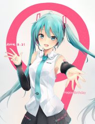 Rule 34 | 1girl, aqua eyes, aqua hair, dated, detached sleeves, happy birthday, hatsune miku, headphones, highres, jenson tw, long hair, looking at viewer, necktie, open mouth, outstretched arm, smile, solo, twintails, very long hair, vocaloid