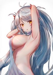 Rule 34 | 1girl, antenna hair, arm behind head, arm up, armpits, azur lane, backless dress, backless outfit, bare back, bare shoulders, blush, breasts, brown eyes, commentary request, diffraction spikes, dress, from side, grey background, hair between eyes, halterneck, highres, large breasts, long hair, looking at viewer, meme attire, multicolored hair, naked sweater, prinz eugen (azur lane), red hair, ribbed sweater, ribbon, sideboob, silver hair, simple background, solo, streaked hair, sweater, sweater dress, turtleneck, turtleneck sweater, two side up, very long hair, virgin killer sweater, west 24, white background, white sweater