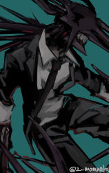 Rule 34 | 1girl, black jacket, black necktie, black pants, chainsaw man, collared shirt, crossbow devil (chainsaw man), facing to the side, formal, green background, highres, jacket, nakano (2 mannaka), necktie, pants, quanxi (chainsaw man), sharp teeth, shirt, solo, spikes, suit, teeth, twitter username, white shirt