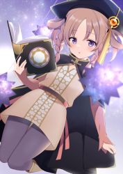 Rule 34 | :o, belt, black cape, black hat, black pantyhose, blurry, blurry foreground, blush, book, boots, braid, brown footwear, brown hair, cape, commentary request, dress, fujishiro emyu, full body, hair rings, hat, highres, hiiragi nemu, holding, holding book, jumping, long sleeves, looking down, magia record: mahou shoujo madoka magica gaiden, mahou shoujo madoka magica, mortarboard, multiple braids, open book, outdoors, pantyhose, parted bangs, parted lips, pink belt, pink sleeves, purple eyes, purple sky, reading, side braids, sky, solo, star (sky), starry sky, tassel, two side up, yellow dress
