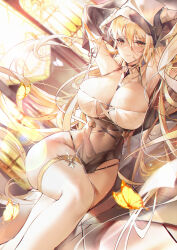 Rule 34 | 1girl, absurdres, azur lane, between breasts, blonde hair, breasts, cleavage, fake horns, feet out of frame, habit, highres, horns, huge breasts, implacable (azur lane), long bangs, long hair, looking at viewer, lying, nun, on side, pelvic curtain, red eyes, revealing clothes, solo, thighhighs, very long hair, white thighhighs, xiongshouji
