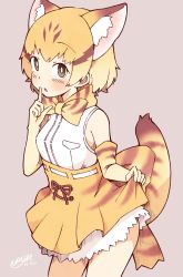 Rule 34 | 1girl, animal ear fluff, animal ears, animal print, bad id, bad twitter id, bare legs, bare shoulders, belt, blonde hair, blush, bow, bowtie, breast pocket, brown hair, cat ears, cat print, cat tail, clothes lift, commentary request, cowboy shot, cross-laced clothes, elbow gloves, enk 0822, extra ears, finger to mouth, frilled skirt, frills, gloves, high-waist skirt, highres, kemono friends, lifted by self, multicolored hair, pocket, print bow, print bowtie, print gloves, print neckwear, print skirt, sand cat (kemono friends), short hair, shushing, skirt, skirt lift, sleeveless, solo, tail