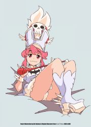 Rule 34 | 1girl, ale (ale halexxx), blue background, boots, closed mouth, hat, high heel boots, high heels, highres, jakuzure nonon, kill la kill, legs, looking at viewer, matching hair/eyes, panties, pink eyes, pink hair, simple background, sitting, skirt, smile, smug, solo, underwear, white panties, wrist cuffs