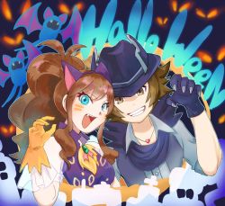 Rule 34 | 1boy, 1girl, animal ears, blue eyes, breasts, brown eyes, brown hair, creatures (company), english text, fake animal ears, game freak, gloves, halloween, halloween costume, hat, highres, hilbert (fall 2020) (pokemon), hilbert (pokemon), hilda (pokemon), hokizpreed, long hair, looking at viewer, nintendo, official alternate costume, open mouth, pokemon, pokemon (creature), pokemon bw, pokemon masters ex, smile