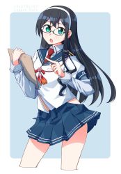 Rule 34 | 1girl, arm warmers, baseu, black hair, blue background, blue sailor collar, blue skirt, border, clipboard, contrapposto, cropped legs, dated, green eyes, hairband, highres, hip vent, kantai collection, long hair, looking at viewer, necktie, ooyodo (kancolle), open mouth, pleated skirt, pointing, red necktie, sailor collar, school uniform, semi-rimless eyewear, serafuku, skirt, solo, two-tone background, under-rim eyewear, white border, white hairband
