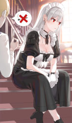 Rule 34 | 1boy, 1girl, apron, black dress, black footwear, black necktie, breasts, cigarette, cleavage, commentary request, detached collar, dress, gloves, hair between eyes, high heels, highres, holding, holding cigarette, kfr, large breasts, leaning forward, lips, long dress, maid, maid apron, maid headdress, necktie, no smoking, original, puffy short sleeves, puffy sleeves, red eyes, short necktie, short sleeves, sitting, solo focus, speech bubble, sweat, waist apron, white gloves, white hair