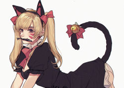 Rule 34 | 1girl, all fours, animal ears, bell, black cat d.va, black dress, blonde hair, bow, bowtie, breasts, cat ears, cat tail, d.va (overwatch), dress, extra ears, ez 1011, facial mark, fang, fang out, fish, from side, grey background, hair bow, hairband, highres, jingle bell, large breasts, lifted by tail, long hair, looking at viewer, mouth hold, official alternate costume, overwatch, overwatch 1, panties, puffy short sleeves, puffy sleeves, purple eyes, red bow, red bowtie, short sleeves, simple background, slit pupils, smile, solo, tail, tail bell, tail bow, tail ornament, twintails, underwear, whisker markings, white panties