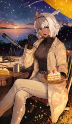 Rule 34 | 1girl, animal ears, belt, black gloves, black sweater, blue eyes, breasts, caenis (fate), cake, chair, coat, crossed legs, cup, dark-skinned female, dark skin, eating, fate/grand order, fate (series), food, fork, gloves, gradient sky, hair intakes, hairband, holding, holding fork, holding plate, horse ears, jewelry, lake, large breasts, long sleeves, looking at viewer, mug, necklace, official art, okojo, open mouth, pants, plate, short hair, sitting, sky, smile, solo, star (sky), starry sky, steam, sunset, sweater, table, white coat, white hair, white pants