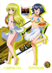 Rule 34 | 10s, 2girls, absurdres, apron, ass, barefoot, bikini, bikini top only, black hair, black shorts, blonde hair, braid, breasts, carpaccio (girls und panzer), caterpillar tracks, character name, cleavage, closed eyes, collarbone, frilled bikini, frills, full body, girls und panzer, green eyes, hair between eyes, highres, holding, leg up, long hair, looking at viewer, looking back, medium breasts, military, military vehicle, motor vehicle, multiple girls, official art, open mouth, parted lips, pepperoni (girls und panzer), shiny skin, short hair, short shorts, shorts, sideboob, simple background, smile, standing, standing on one leg, swimsuit, tank, underboob, white apron, white background, wide-eyed