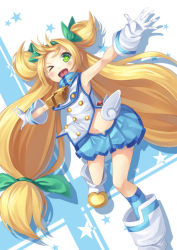 Rule 34 | bell, blazblue, blonde hair, gloves, green eyes, gurasion (gurasion), hairband, long hair, one eye closed, platinum the trinity, smile, solo, twintails
