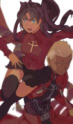 Rule 34 | 1boy, 1girl, archer (fate), black hair, black skirt, black thighhighs, blue eyes, cropped jacket, dark-skinned male, dark skin, fate/stay night, fate/unlimited blade works, fate (series), hair ribbon, iko (ico ma2501), long hair, long sleeves, open mouth, red sweater, ribbon, skirt, smile, sweater, thighhighs, tohsaka rin, twintails, unlimited blade works (fate), white background, white hair, zettai ryouiki