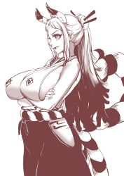 Rule 34 | &gt;:), 1girl, a pg, alternate breast size, bad id, bad pixiv id, bare arms, bare shoulders, breasts, closed mouth, cowboy shot, crossed arms, earrings, from side, hair ornament, hair stick, high ponytail, horns, huge breasts, japanese clothes, jewelry, kataginu, lips, long hair, looking afar, monochrome, multicolored hair, multicolored horns, one piece, oni, rope, shimenawa, sideboob, sidelocks, smile, solo, v-shaped eyebrows, yamato (one piece)