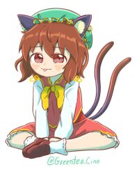 Rule 34 | 1girl, animal ear fluff, animal ears, bow, bowtie, brown eyes, brown footwear, brown hair, cat ears, cat tail, chen, commission, earrings, green hat, green tea reimu, hat, highres, jewelry, long sleeves, medium hair, mob cap, multiple tails, red footwear, red skirt, red vest, shirt, shoes, short hair, simple background, single earring, sitting, skeb commission, skirt, skirt set, solo, tail, tongue, tongue out, touhou, two tails, vest, white background, white shirt, yellow bow, yellow bowtie