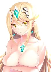 Rule 34 | 1girl, blonde hair, breasts, chest jewel, collarbone, completely nude, daive, earrings, highres, jewelry, large breasts, long hair, looking at viewer, mythra (xenoblade), nintendo, nude, simple background, solo, swept bangs, tiara, white background, xenoblade chronicles (series), xenoblade chronicles 2, yellow eyes