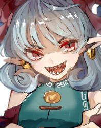 Rule 34 | 1girl, blouse, blue hair, blue shirt, commentary request, earrings, horns, jewelry, looking at viewer, medium hair, nanataru10, open mouth, pointy ears, red eyes, sharp teeth, shirt, simple background, smile, solo, teeth, touhou, toutetsu yuuma, upper body, white background