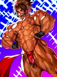 Rule 34 | 1boy, abs, bara, blazblue, bodybuilder, brown hair, bulge, closed eyes, clothes lift, cross scar, feet out of frame, flexing, from below, highres, large pectorals, mabataki, male focus, muscular, muscular male, navel, nipples, oiled, pectoral flexing, pectorals, pelvic curtain, pelvic curtain lift, scar, scar on face, scar on forehead, shishigami bang, solo, sparkle background, stomach, strongman waist, thick arms, thick eyebrows, thick thighs, thighs, topless male, veins, veiny arms, veiny crotch