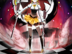 Rule 34 | 10s, 1girl, bad id, bad pixiv id, blonde hair, boots, breasts, charlotte (madoka magica), checkered floor, corset, detached sleeves, drill hair, floor, gun, head out of frame, kanchigai, large breasts, magical girl, magical musket, mahou shoujo madoka magica, mahou shoujo madoka magica (anime), mami mogu mogu, open mouth, pleated skirt, sharp teeth, shirt, skirt, smile, spoilers, striped clothes, striped thighhighs, taut clothes, taut shirt, teeth, thighhighs, tomoe mami, vertical-striped clothes, vertical-striped thighhighs, weapon, zettai ryouiki