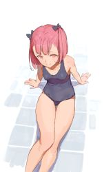 Rule 34 | 1girl, bare arms, bare legs, bare shoulders, blue one-piece swimsuit, breasts, closed mouth, commentary, fate/grand order, fate (series), feet out of frame, helena blavatsky (fate), highres, long legs, looking at viewer, one-piece swimsuit, pink eyes, pink hair, short hair, sitting, sketch, small breasts, solo, swimsuit, timbougami