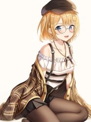 Rule 34 | 1girl, :d, absurdres, bad id, bad pixiv id, bare shoulders, bespectacled, black ribbon, blonde hair, blue eyes, blush, breasts, brown jacket, collarbone, earrings, glasses, grey background, hair ornament, hairclip, highres, hololive, hololive english, jacket, jewelry, looking at viewer, medium breasts, necklace, off shoulder, open mouth, pantyhose, plaid, plaid jacket, ribbon, short hair, short sleeves, simple background, sitting, skirt, smile, solo, teeth, upper teeth only, virtual youtuber, watson amelia, watson amelia (street casual), x hair ornament, zeroillya