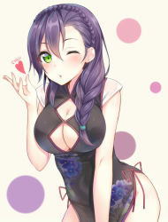 Rule 34 | 10s, 1girl, ;o, alternate hairstyle, blowing kiss, blush, braid, breasts, chinese clothes, cleavage, cleavage cutout, clothing cutout, green eyes, hair over shoulder, heart, large breasts, long hair, looking at viewer, love live!, love live! school idol festival, love live! school idol project, one eye closed, purple hair, revision, shuuichi, simple background, single braid, solo, tojo nozomi