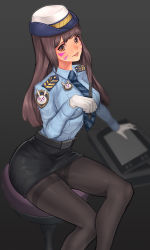 Rule 34 | 1girl, alternate hairstyle, animal print, belt, belt buckle, black background, black belt, black pantyhose, black skirt, blue shirt, breast pocket, breasts, brown eyes, brown hair, buckle, buttons, collared shirt, commentary request, cowboy shot, d.va (overwatch), drawing tablet, epaulettes, facepaint, facial mark, female service cap, gloves, hand up, heroes of the storm, jewelry, long hair, long sleeves, looking at viewer, medium breasts, miniskirt, name tag, necktie, niur, officer d.va, official alternate costume, overwatch, overwatch 1, pants, pantyhose, parted lips, pink lips, pocket, police, police uniform, policewoman, shirt, simple background, sitting, skirt, solo, striped necktie, striped neckwear, teeth, thighband pantyhose, uniform, whisker markings, white gloves, wing collar