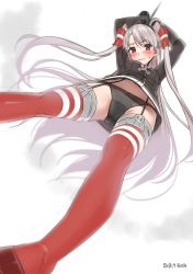 Rule 34 | 10s, 1girl, 2015, ama mitsuki, amatsukaze (kancolle), arms up, bdsm, black panties, blush, bondage, bound, bound wrists, bow, bow panties, breasts, brown eyes, dated, dress, embarrassed, from below, garter straps, gloves, hair tubes, kantai collection, long hair, looking at viewer, looking down, panties, pantyshot, sailor dress, short dress, silver hair, small breasts, solo, standing, striped clothes, striped thighhighs, thighhighs, two side up, underwear, upskirt