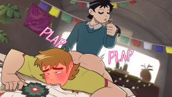 Rule 34 | 2boys, ahegao, anal, ass, black hair, blush, bottomless, bouncing ass, clenched teeth, closed eyes, cocktail glass, couple, cup, doggystyle, drinking, drinking glass, from below, full-face blush, furrowed brow, highres, indoors, light brown hair, lying, male focus, male penetrated, multiple boys, on stomach, scott pilgrim (series), scott pilgrim takes off, sex, sex from behind, short hair, sound effects, teeth, thick eyebrows, todd ingram, toon (style), trembling, u u, vvulfbara, wallace wells, yaoi