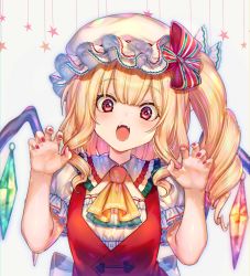 Rule 34 | 1girl, ascot, blonde hair, blouse, blush, bow, claw pose, cleavage cutout, clothing cutout, commentary, crystal, curly hair, embellished costume, flandre scarlet, frilled hat, frilled neckwear, frilled shirt collar, frilled sleeves, frills, hair ribbon, hand up, hat, here (hr rz ggg), highres, juliet sleeves, long sleeves, looking at viewer, medium hair, mob cap, multicolored ribbon, nail polish, open mouth, ponytail, puffy sleeves, raised eyebrows, red eyes, red nails, red ribbon, red vest, ribbon, sash, shirt, side ponytail, sidelocks, simple background, solo, star (symbol), symbol-only commentary, touhou, vest, white background, white bow, white sash, white shirt, wings, yellow ascot