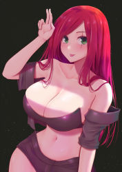 Rule 34 | 1girl, bandeau, bare shoulders, black background, black jacket, blush, breasts, cleavage, collarbone, cowboy shot, green eyes, hair flowing over, hand up, highres, jacket, katarina (league of legends), large breasts, league of legends, long hair, looking at viewer, mixed-language commentary, navel, off-shoulder jacket, off shoulder, pao mian+dan, red hair, scar, scar across eye, scar on face, short shorts, shorts, solo, star (symbol), starry background, thighs, tongue, tongue out, v, wide hips