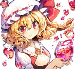Rule 34 | 1girl, absurdres, blonde hair, brooch, closed mouth, collar, commentary request, cup, drinking glass, flandre scarlet, frilled shirt collar, frills, fuepo, hair ribbon, hat, highres, holding, holding cup, holding drinking glass, jewelry, mob cap, no wings, red eyes, red vest, ribbon, shirt, short sleeves, side ponytail, solo, star (symbol), tongue, tongue out, touhou, upper body, vest, water drop, white background, white shirt