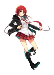 Rule 34 | 1girl, black footwear, black jacket, boots, chain, dress shirt, floating hair, full body, hair between eyes, highres, holding, jacket, knee boots, leg up, long hair, looking at viewer, miniskirt, namiey, necktie, open clothes, open jacket, original, pleated skirt, red eyes, red hair, red necktie, red skirt, shirt, skirt, smile, solo, striped necktie, striped neckwear, transparent background, vertical stripes, white shirt