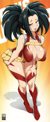 Rule 34 | 1girl, alternate hairstyle, artist name, bare shoulders, bayeuxman, belt, black eyes, black hair, boku no hero academia, boots, breasts, cleavage, covered erect nipples, gradient background, half-closed eyes, hand on own thigh, highres, large breasts, leaning forward, leotard, looking at viewer, naughty face, open mouth, orange background, red footwear, red leotard, shiny skin, sleeveless, smile, solo, standing, teeth, tongue, tongue out, twintails, upper teeth only, yaoyorozu momo