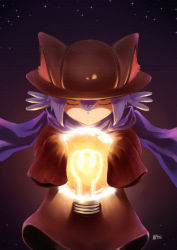 Rule 34 | animal ears, animal hat, blue hair, blue scarf, brown hat, cat, cat ears, cloak, closed eyes, dark background, facing viewer, glowing, gradient background, hands in opposite sleeves, hat, highres, jin ho park, light bulb, long sleeves, mrtino, night, night sky, niko (oneshot), oneshot (game), other focus, purple scarf, scarf, shaded face, sky, solo, star (sky), upper body