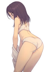 Rule 34 | 1girl, ass, back, black eyes, black hair, bra, commentary request, everyntrge, from behind, looking down, medium hair, original, panties, shirt, simple background, solo, underwear, undressing, white background, white bra, white panties, white shirt