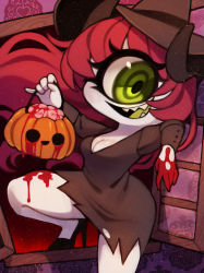 Rule 34 | 1girl, black dress, blood, blood on hands, blood on leg, brain, breasts, cleavage, colored skin, colored tongue, cyclops, dress, green eyes, green tongue, hat, high heels, highres, jack-o&#039;-lantern, large breasts, one-eyed, open mouth, original, red hair, sharp teeth, short dress, shortstack, smile, solo, teeth, white skin, window, witch hat, zombiemiso