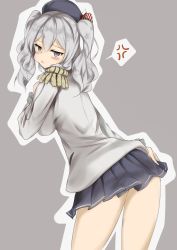 Rule 34 | 10s, 1girl, :t, absurdres, anger vein, blush, breasts, epaulettes, from behind, gloves, grey background, hat, highres, kantai collection, kashima (kancolle), miniskirt, outline, pleated skirt, pout, shirokuma1414, grey eyes, silver hair, skirt, solo, thighs