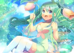 Rule 34 | 1girl, :d, alraune (p&amp;d), bare shoulders, blue eyes, blurry, blurry background, blush, breasts, cleavage, commentary request, day, depth of field, dress, feet out of frame, flower, green dress, green hair, hair between eyes, hands up, kou hiyoyo, long hair, open mouth, outdoors, puzzle &amp; dragons, rainbow, ringlets, sitting, small breasts, smile, solo, sparkle, strapless, strapless dress, swing, thighhighs, twintails, very long hair, white thighhighs, yellow flower
