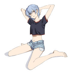 Rule 34 | 1girl, 7070 015, arms up, ayanami rei, barefoot, blue hair, crop top, hands on own head, highres, looking at viewer, midriff, navel, neon genesis evangelion, red eyes, short hair, shorts, simple background, sitting, solo, torn clothes, torn shorts