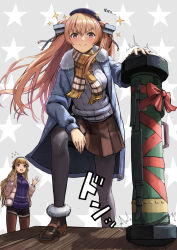 Rule 34 | 2girls, alternate costume, black legwear, black shorts, blonde hair, blue coat, blue sweater, bolt, breasts, brown eyes, brown footwear, brown skirt, coat, commentary request, fgm-148 javelin, fletcher (kancolle), flying sweatdrops, fur-trimmed coat, fur-trimmed footwear, fur trim, gift, gift wrapping, hairband, highres, jacket, johnston (kancolle), kantai collection, large breasts, leaning forward, light brown hair, long hair, man-portable anti-tank systems, missile launcher, multiple girls, official alternate costume, oversized object, pantyhose, pink jacket, purple eyes, purple sweater, ribbed sweater, scarf, short shorts, shorts, skirt, smile, smug, sparkle, star (symbol), starry background, sweat, sweater, nervous sweating, tantaka, two side up, white sweater, winter clothes, winter coat, yellow scarf