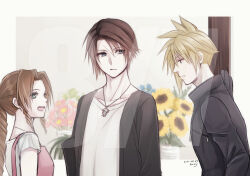 Rule 34 | 1girl, 2boys, aerith gainsborough, alternate costume, alternate universe, apron, bag, black jacket, blonde hair, blue eyes, blue flower, brown hair, cloud strife, commentary, dated, day, earrings, expressionless, final fantasy, final fantasy vii, final fantasy viii, flower, flower pot, green eyes, hand up, high collar, hiryuu (kana h), indoors, jacket, jewelry, long hair, looking at another, multiple boys, necklace, open mouth, parted bangs, parted lips, pink apron, pink flower, scar, scar on face, shirt, short hair, shoulder bag, sidelocks, signature, single earring, smile, spiked hair, squall leonhart, stud earrings, sunflower, upper body, white shirt