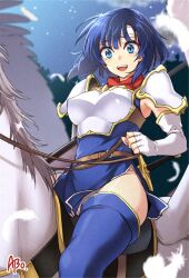 Rule 34 | 1girl, :d, abo (hechouchou), armor, artist name, blue eyes, blue hair, blue thighhighs, blush, breastplate, catria (fire emblem), crying, crying with eyes open, dress, elbow gloves, feathers, fingerless gloves, fire emblem, fire emblem: mystery of the emblem, gloves, headband, horseback riding, nintendo, open mouth, panties, pantyshot, pegasus, pegasus knight uniform (fire emblem), riding, short dress, short hair, side slit, signature, smile, solo, tears, thighhighs, underwear, white gloves, white headband, white panties