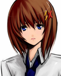 Rule 34 | 00s, 1girl, blue eyes, brown hair, collared shirt, hair ornament, looking at viewer, lyrical nanoha, mahou shoujo lyrical nanoha, mahou shoujo lyrical nanoha a&#039;s, mahou shoujo lyrical nanoha strikers, necktie, open mouth, pink lips, shirt, short hair, solo, teeth, white background, x hair ornament, xunipo, yagami hayate