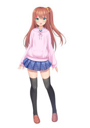 Rule 34 | 1girl, 7fuji 06, absurdres, blush, brown hair, collared shirt, fang, full body, green eyes, hair ornament, hair scrunchie, hairclip, heart, heart hair ornament, highres, hood, hoodie, loafers, long hair, long sleeves, one side up, open mouth, original, plaid, plaid skirt, pleated skirt, scrunchie, shirt, shoes, skirt, sleeves past wrists, smile, solo, thighhighs, tied drawstring, very long hair, white background