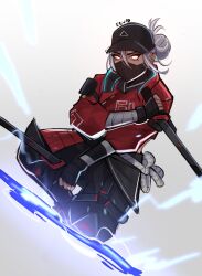 Rule 34 | 1girl, apex legends, baseball cap, black gloves, black hat, black pants, commentary, dual wielding, electricity, english commentary, fingerless gloves, gloves, grey background, grey hair, hair between eyes, hair bun, hat, highres, holding, holding sword, holding weapon, jacket, looking at viewer, official alternate costume, pants, portal (object), red jacket, sevpha, single hair bun, solo, street smart wraith, sword, v-shaped eyebrows, weapon, white eyes, wraith (apex legends)